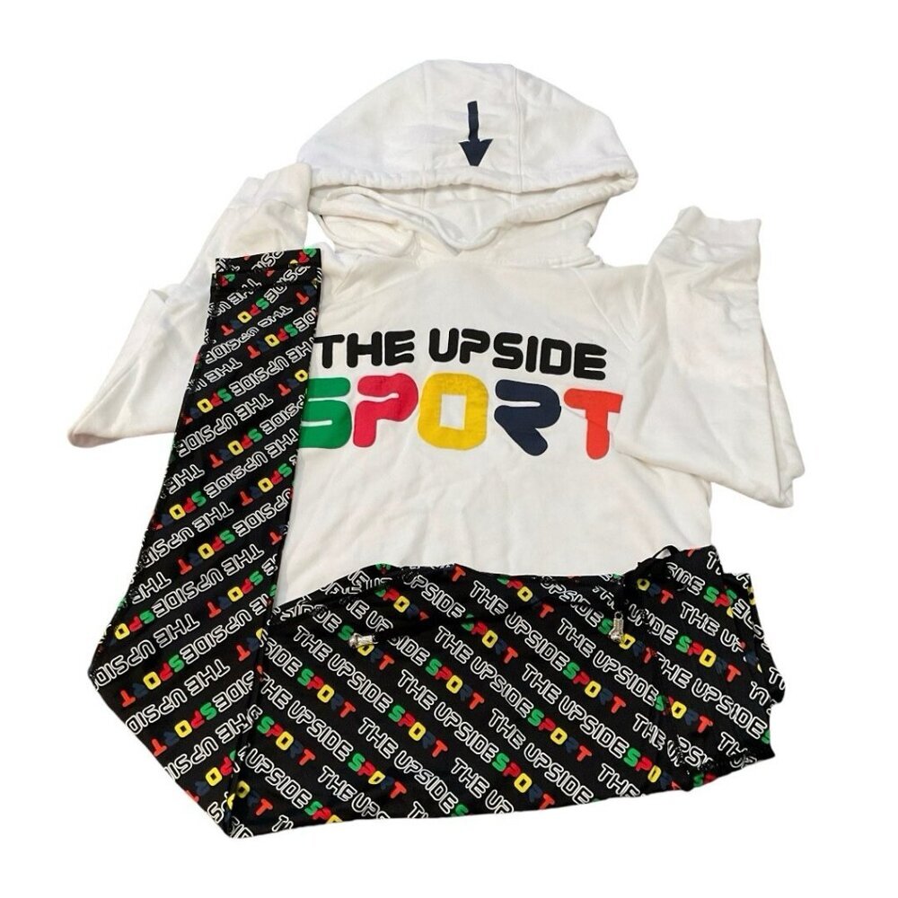 The Upside Women Set Yoga Dark Leggings White‎ Cropped Top Hoodie Sports Size 8